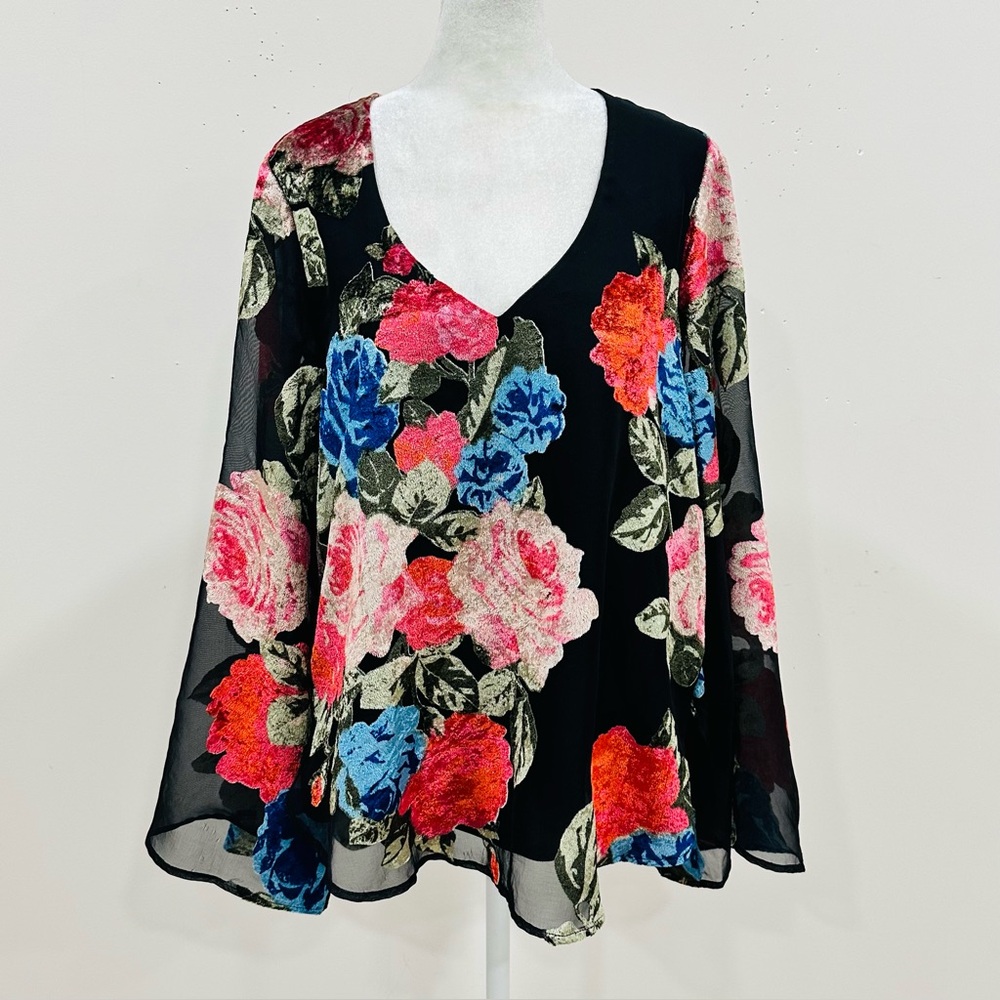 Show Me Your Mumu Women Black Floral Velvet Burnout Blouse Top Shirt‎ Size S